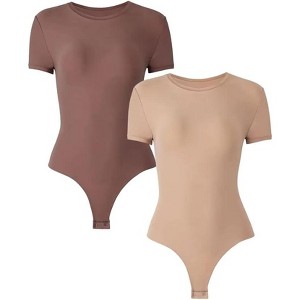 Sol Living Women's Bodysuit Seamless Casual Going Out Top Shirt Breathable Tops Tummy Control Shapewear Stretchy Basic Body Suits T Shirt Crew Neck - 1 of 4