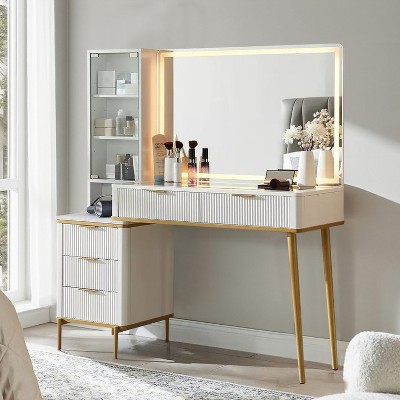 Fluted Makeup Vanity Tables with 36" HD Lighted Mirror, 48" Big Modern Vanity Desk with Glass Top & 5 Drawers & Shelves, Dressing Table