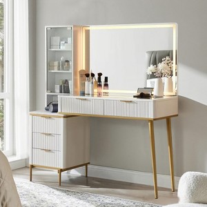 Fluted Makeup Vanity Tables with 36" HD Lighted Mirror, 48" Big Modern Vanity Desk with Glass Top & 5 Drawers & Shelves, Dressing Table - 1 of 4