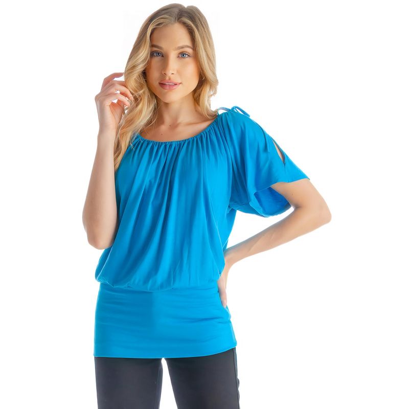 24seven Comfort Apparel Womens Solid Color Short Sleeve Split Shoulder Top, 1 of 7