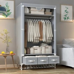 Portable Clothes Closet Rolling Door Wardrobe with Hanging Rack, Non-Woven Fabric Storage Organizer w/ Three Drawer Boxes No-Tool Assembly - 1 of 4