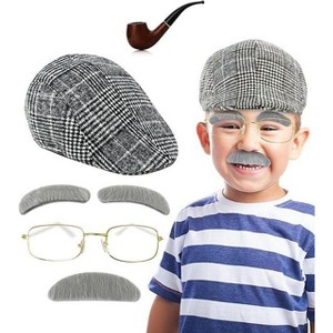 4E's Novelty Old Man Costume for Kids Grandpa Dress-Up Kit with Cane, 5 Pcs Set