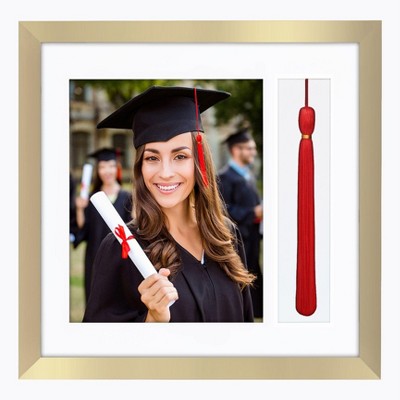 Americanflat 13x13 Gold Graduation Frame - 2 Opening Mat Displays 8"x10" Photo and Tassle. Square Frame with Tempered 2X Sawtooth Hangers