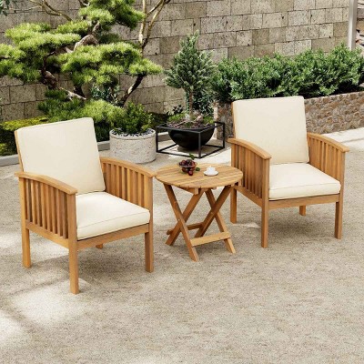 Patio Bistro Set, 3 PCS Dining Set with Foldable Slatted Table, Acacia Wood Frame Dining Armrest Chair with Polyester Cushions-Coolbibila