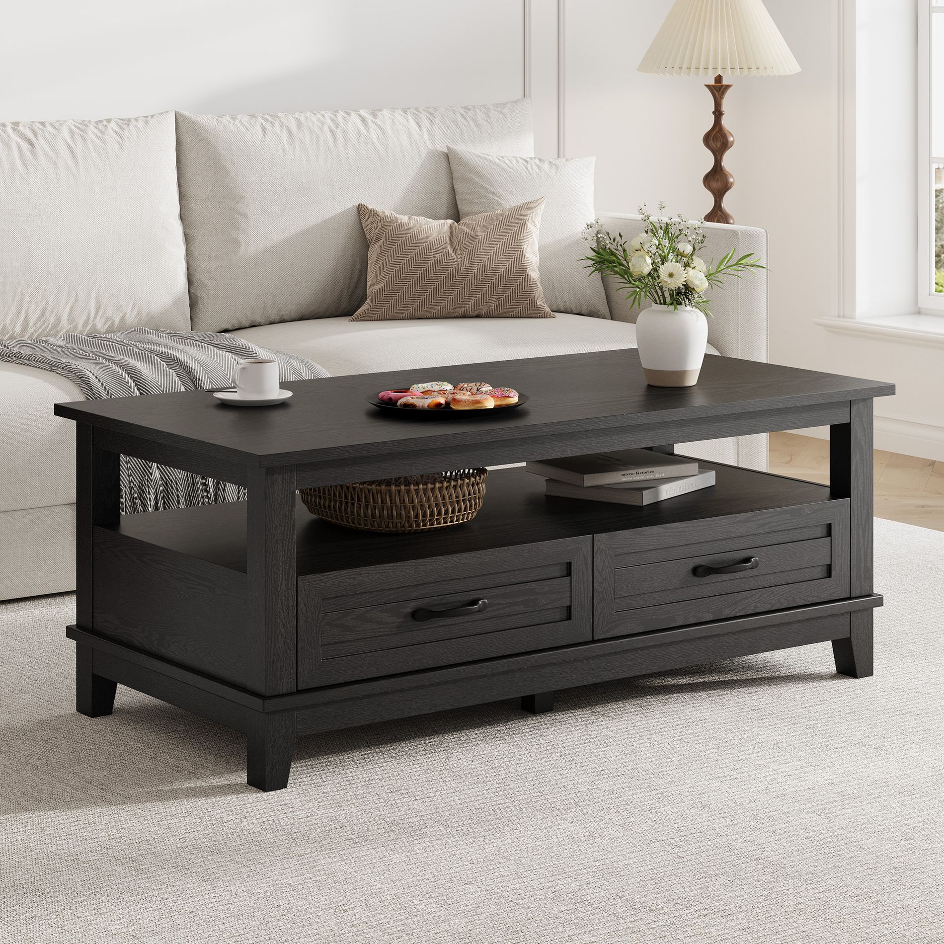Farmhouse Coffee Table with Drawers, 47.2" Center Table Rustic Coffee Tables Walnut Living Room Table