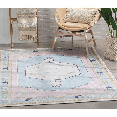 Apollo Pink and Light Blue Medallion Kids 6' x 9' Synthetic Rug