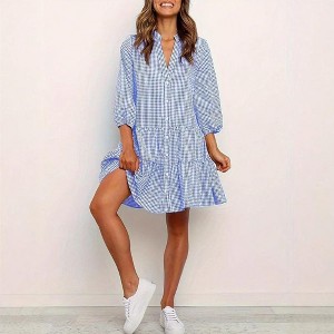 Coolmee Women'sPlaid Shirt Midi Dress 3/4 Puff Sleeve Button Down V Neck Loose Casual Ruffle Tiered Midi Dress - 1 of 3