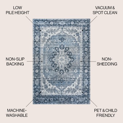 Blue and Cream Medallion Washable Synthetic Area Rug 5'3" x 7'7"