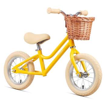 Petimini 12 Inch Kids Beginner Balance Bike with Front Wicker Bakset and Adjustable Seat and Handlebars for 2-6 Year Olds