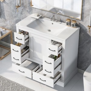 Whisen 36" Bathroom Storage Cabinet Bathroom Vanity with Ceramic Sink, Adjustable Shelf and 6 Drawers - 1 of 4