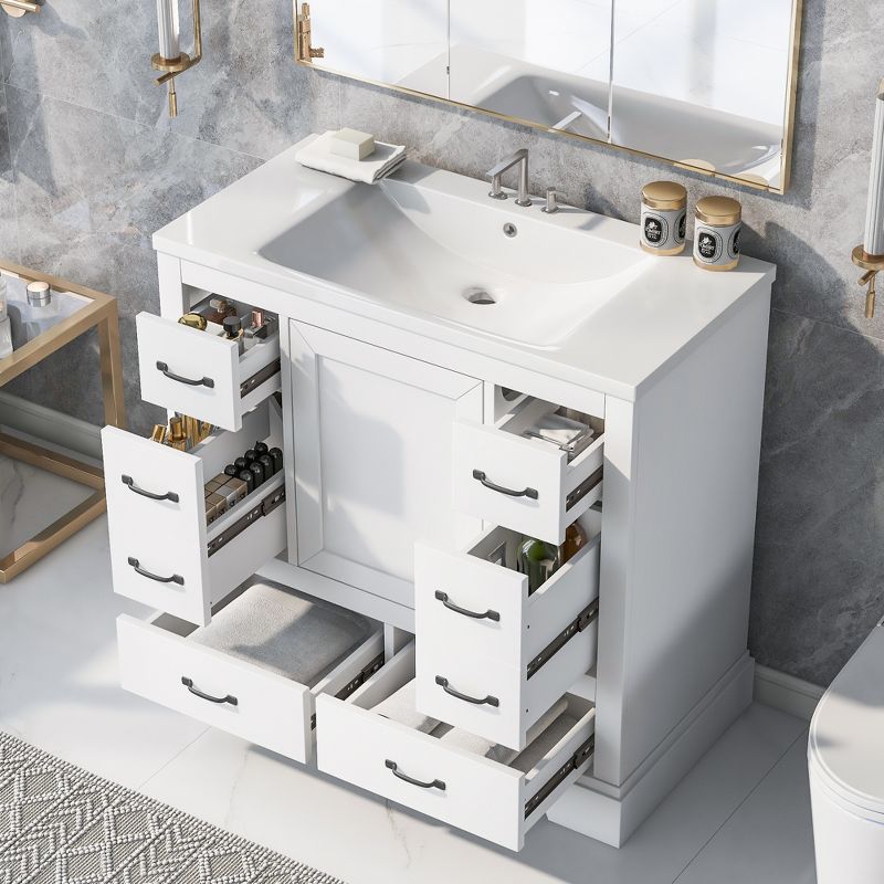 36" Bathroom Vanity with Ceramic Sink, 6 Drawers and Adjustable Shelves, White - ModernLuxe, 2 of 13