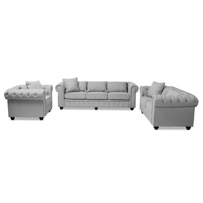 3pc Baxton Studio Alaise Modern Classic Linen Tufted Scroll Arm Chesterfield Living Room Set Gray