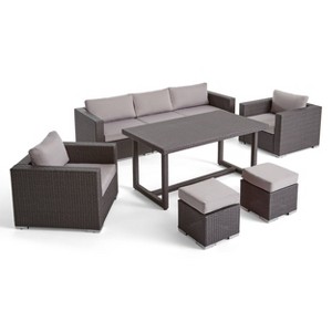 Santa Rosa 8pc Wicker & Aluminum Sofa Dining Set - Gray/Silver - Christopher Knight Home: Outdoor Seating with Removable Cushions - 1 of 4