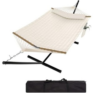 EcoSummer 2 Person Quilted Patio Hammock with Stand, Padded Cotton, Detachable Pillow, 450lbs Capacity, Beige. - 1 of 4