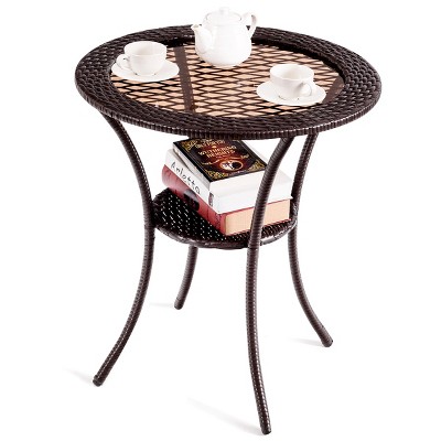 Outdoor Round Brown Rattan Wicker Coffee Table with Glass Top
