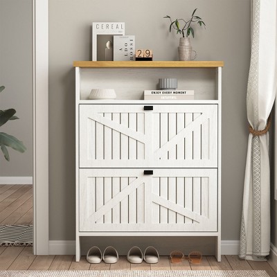 Okak Shoe Cabinet, Narrow Shoe Rack with Metal Handle, Shoe Storage for Entryway, Foyer, Hallway, Bedroom