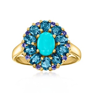 Ross-Simons Turquoise, 2.00 ct. t.w. London Blue Topaz and .10 ct. t.w. Iolite Ring in 18kt Gold Over Sterling - 1 of 4
