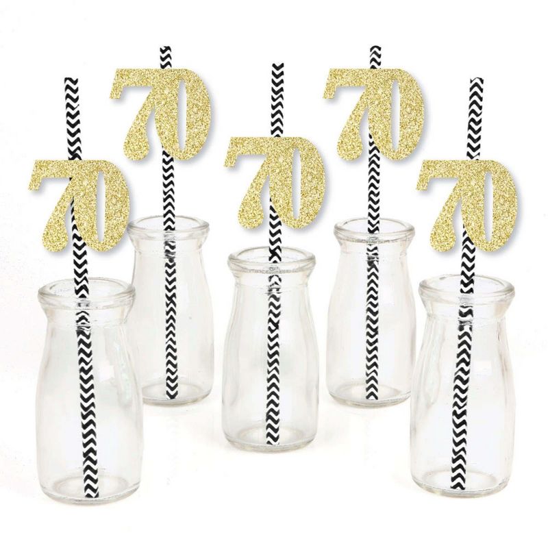Big Dot of Happiness Gold Glitter 70 Party Straws - No-Mess Real Gold Glitter Cut-Out Numbers - 70th Birthday Paper Straws - Set of 24, 2 of 8