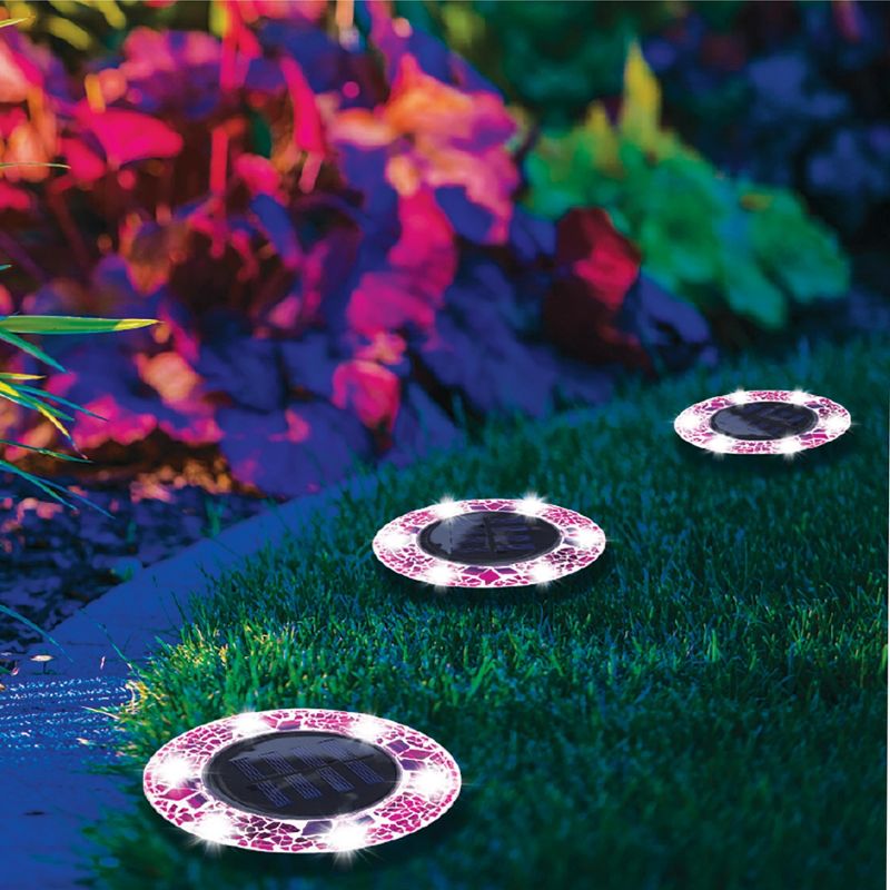 Bell + Howell 6 LED Round Fuchsia Mosaic Solar Powered Disk Lights with Auto On/Off - 4 Pack, 3 of 6