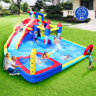 SKONYON 10-in-1 Inflatable Water Park Bounce House with Slide, Splash Pool, Basketball, Climbing Wall & Blower – Outdoor Play Set for Kids