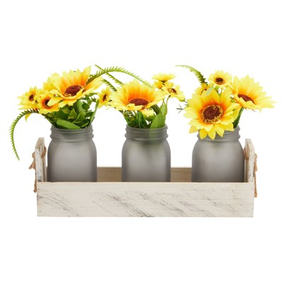 Farmlyn Creek 7 Piece Fake Faux Sunflower, Artificial Flower Plants with 3 Metal Jars & Tray for Indoor Spring Home Decor