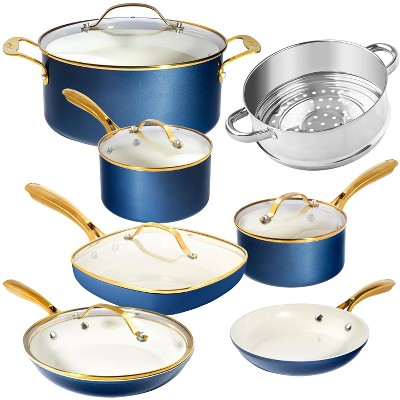 Navy and Gold 15-Piece Nonstick Stainless Steel Cookware Set