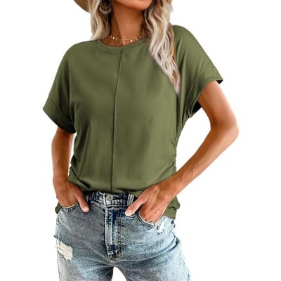Women's Summer Short Sleeve Side Ruched Crew Neck T-Shirt Casual Knit Basic Tops