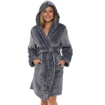 Women's Warm Soft Plush Fleece Bathrobe with Hood, Knee Length Hooded Robe