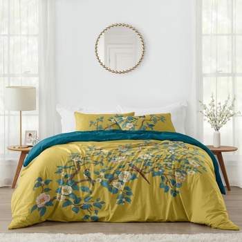 Sweet Jojo Designs Queen Duvet Cover and Shams Set Floral Bird Blossom Yellow and Blue 3pc
