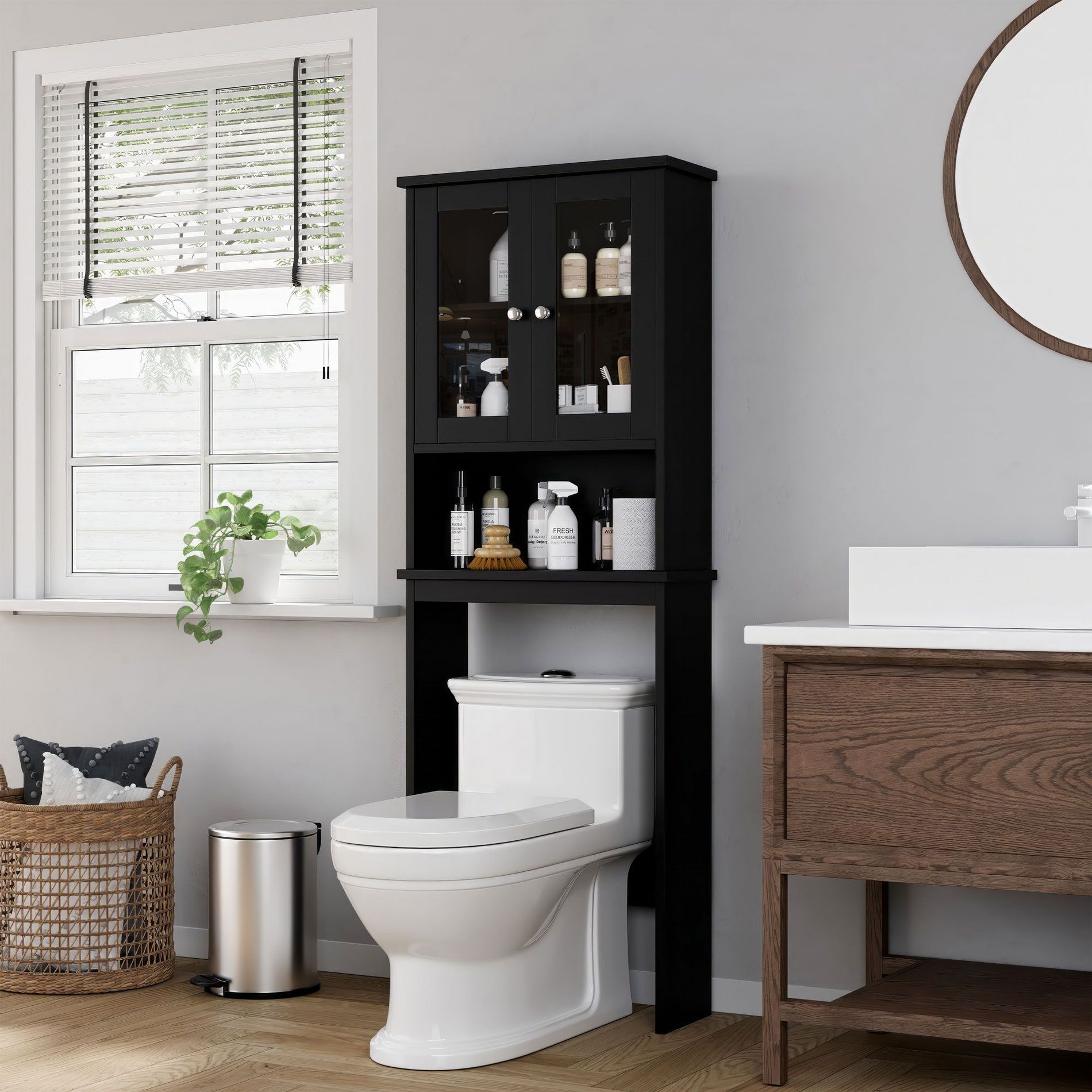 Celebalcony Over The Toilet Shelves with Double Tempered Glass Doors and Adjustable Shelf