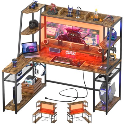Aheaplus 63'' L Shaped Desk with Hutch, Corner Computer Desk with Charging Station and LED Light