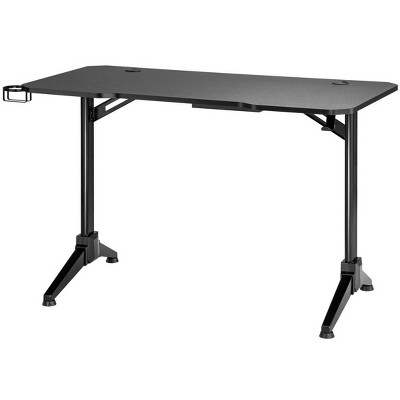 Compact Black Steel Frame Computer Desk with Cup Holder & Cable Tray