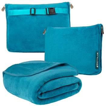 PAVILIA Travel Blanket and Pillow, Warm Soft Fleece 2-IN-1 Combo Large Compact Set for Airplane Camping Car Trips