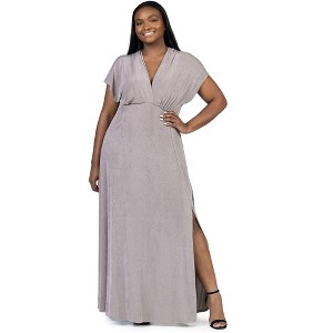 24seven Comfort Apparel Plus Size Flutter Sleeve Metallic Knit Maxi Dress Front Slit Empire Waist - 1 of 4