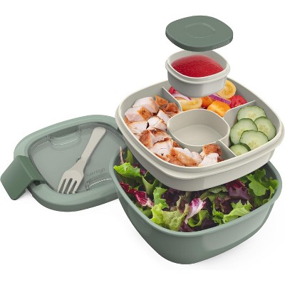 Salad Bowl with 4-Compartment Tray, Leak-Proof Dressing Cup & Fork, 54oz