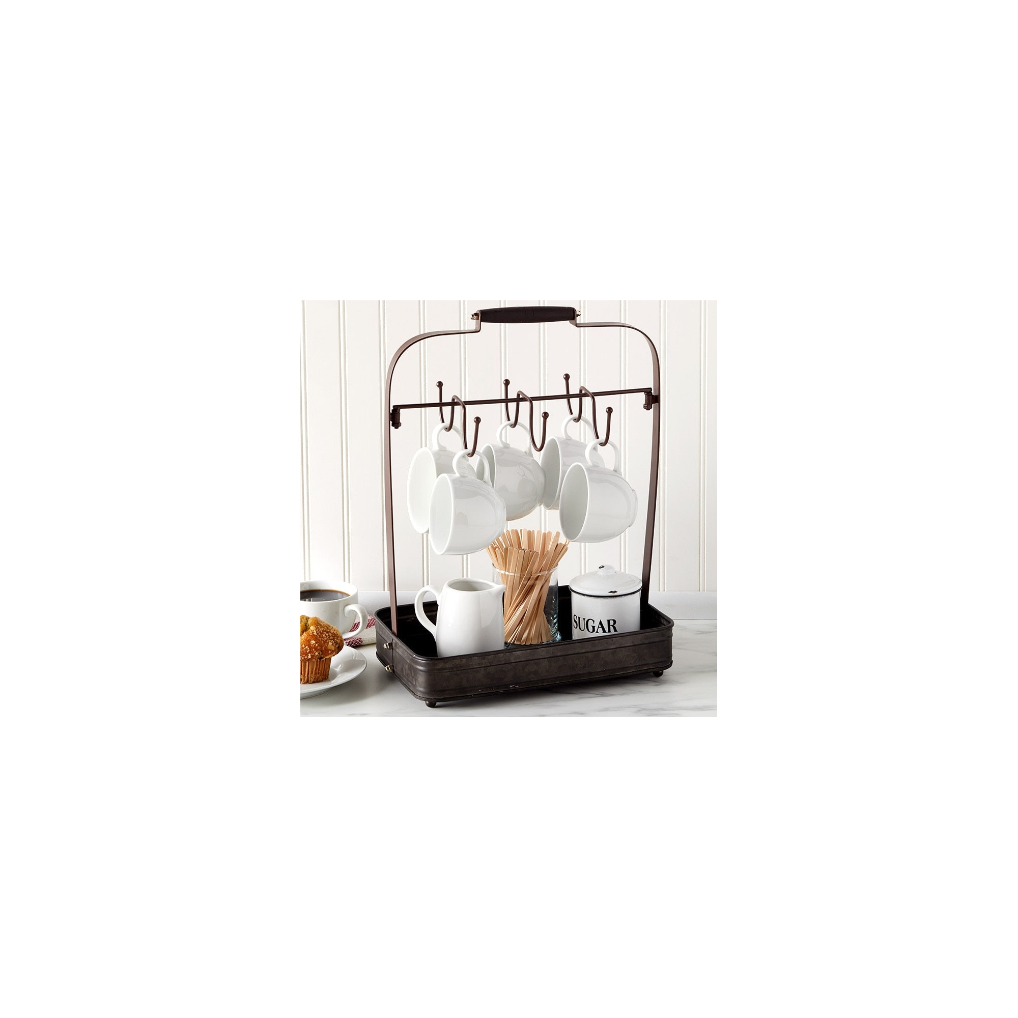 The Lakeside Collection Farmhouse Coffee Mug Rack Tray Kitchen Organizer Decor Black -