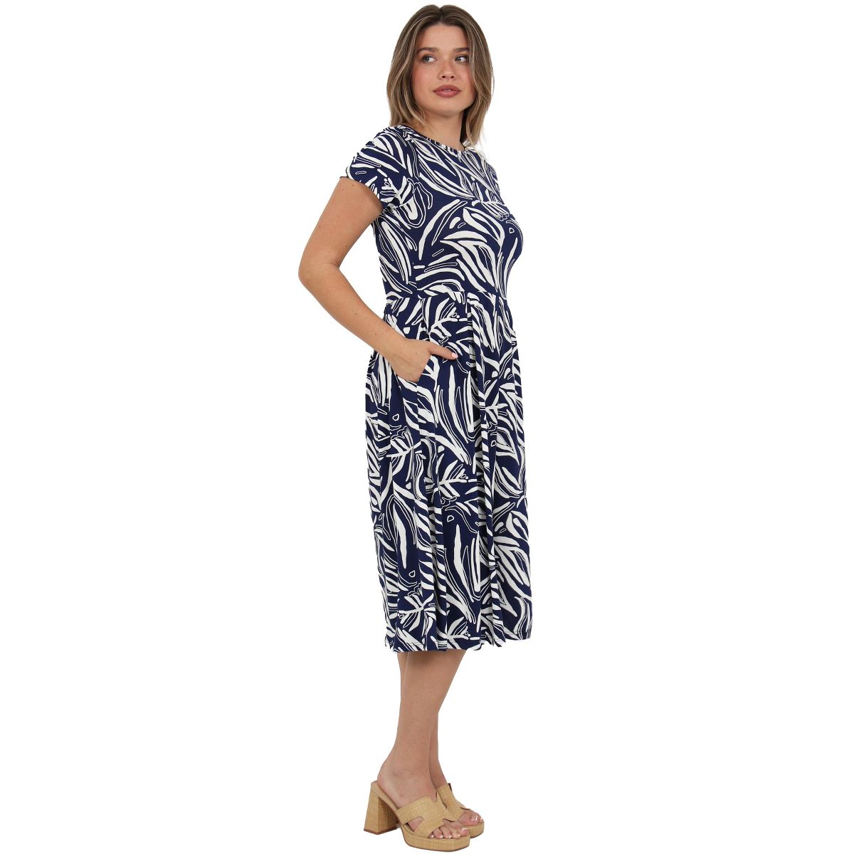 Womens Essential Abstract Print Short Sleeve Boat Neck Pleated Pocket Fit N Flare Midi Dress - 24seven Comfort Apparel™ - thumbnail 2