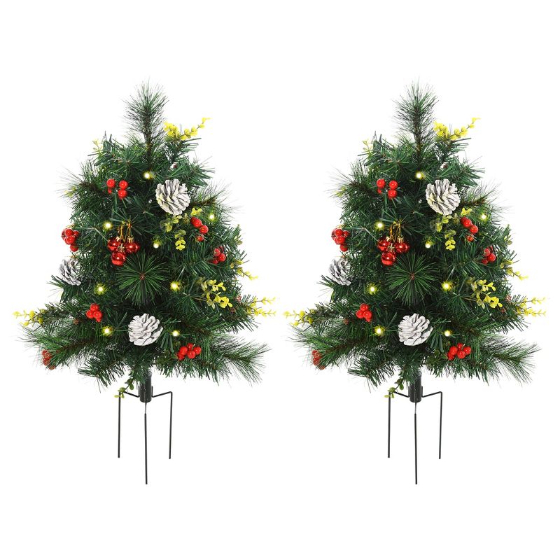 HOMCOM 2 FT Christmas Tree 2-Pack Outdoor Pre-Lit Artificial Pine Cordless with 24 Warm White Lights and Stakes, 1 of 9