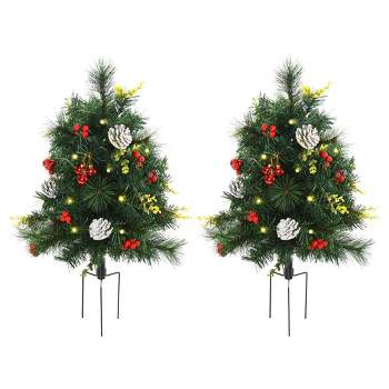 HOMCOM 2 FT Christmas Tree 2-Pack Outdoor Pre-Lit Artificial Pine Cordless with 24 Warm White Lights and Stakes