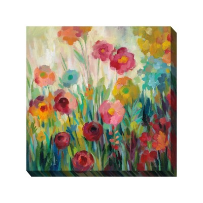 Cottage Garden West of The Wind Merriment Pink, Red, Teal 24 x 24 Inch Waterproof Gallery Wrapped Canvas, Outdoor Garden, Yard, Patio All Weather