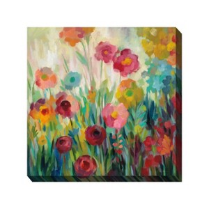 Cottage Garden West of The Wind Merriment Pink, Red, Teal 24 x 24 Inch Waterproof Gallery Wrapped Canvas, Outdoor Garden, Yard, Patio All Weather - 1 of 2