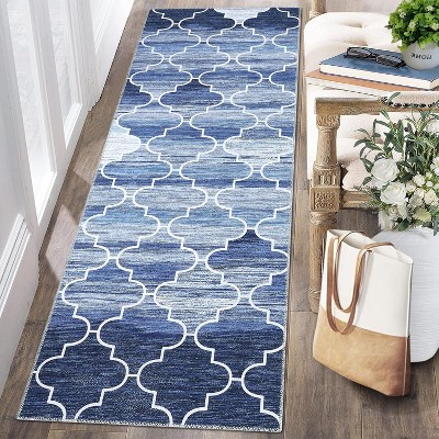 Washable Geometric Runner Rug - Non-Slip Low Pile Carpet for Kitchen, Hallway, Entryway, Laundry Room, Living Room, Bedroom