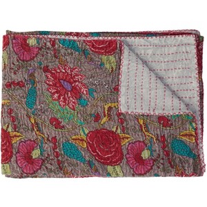50" X 70" Gray And Yellow Floral Cotton Quilted Kantha Throw Blanket with Embroidery - 1 of 4
