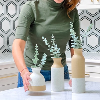 Modern Farmhouse Ceramic Vases Set of 3 in White and Tan