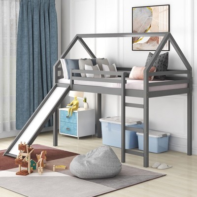NicBex Twin Size Bunk Bed Roof Shape Loft Bed Pine Bed Frame with Slide, Ladder and Full Length Guardrail, No Box Spring Required