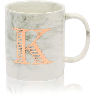 Farmlyn Creek White Marble Ceramic Coffee Mug Tea Cup, Letter K Monogrammed Gift (11 oz)