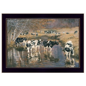"Fall Reflections (Holsteins in River)" by Bonnie Mohr, Ready to Hang Framed Print, Black Frame - 1 of 1