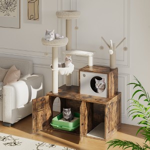 55'' Cat Tree with Litter Box Enclosure, All-in-One Wooden Cat Tower with Scratching Posts & Detachable Teaser Sticks, Cat Furniture for Indoor Cats - 1 of 4