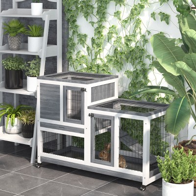Wooden Rabbit Hutch with Wheels and Ramp Indoor Outdoor Bunny Cage with Enclosed Run Removable Tray for Small Pets - LAOTIES