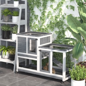 Wooden Rabbit Hutch with Wheels and Ramp Indoor Outdoor Bunny Cage with Enclosed Run Removable Tray for Small Pets - LAOTIES - 1 of 4